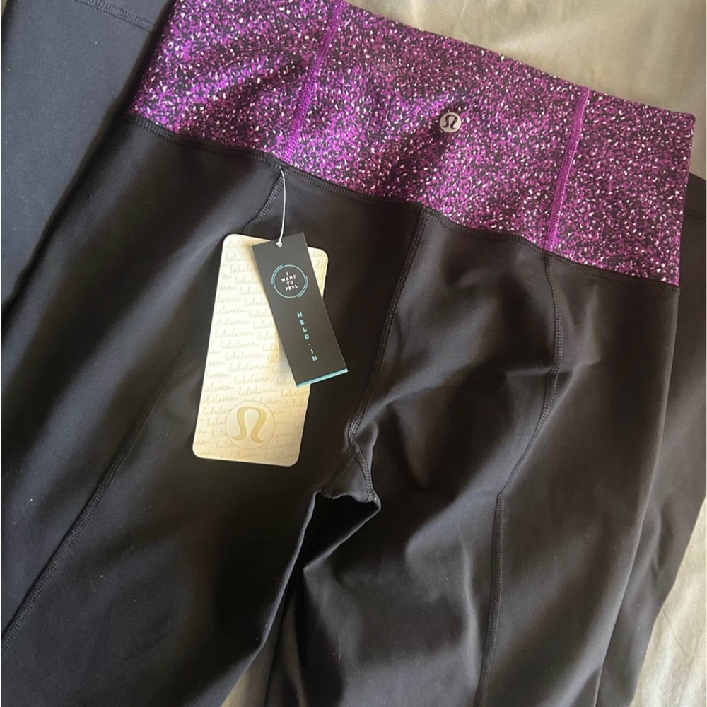 Lululemon Black Leggings with Sparkly Purple Waistband Groove Pants